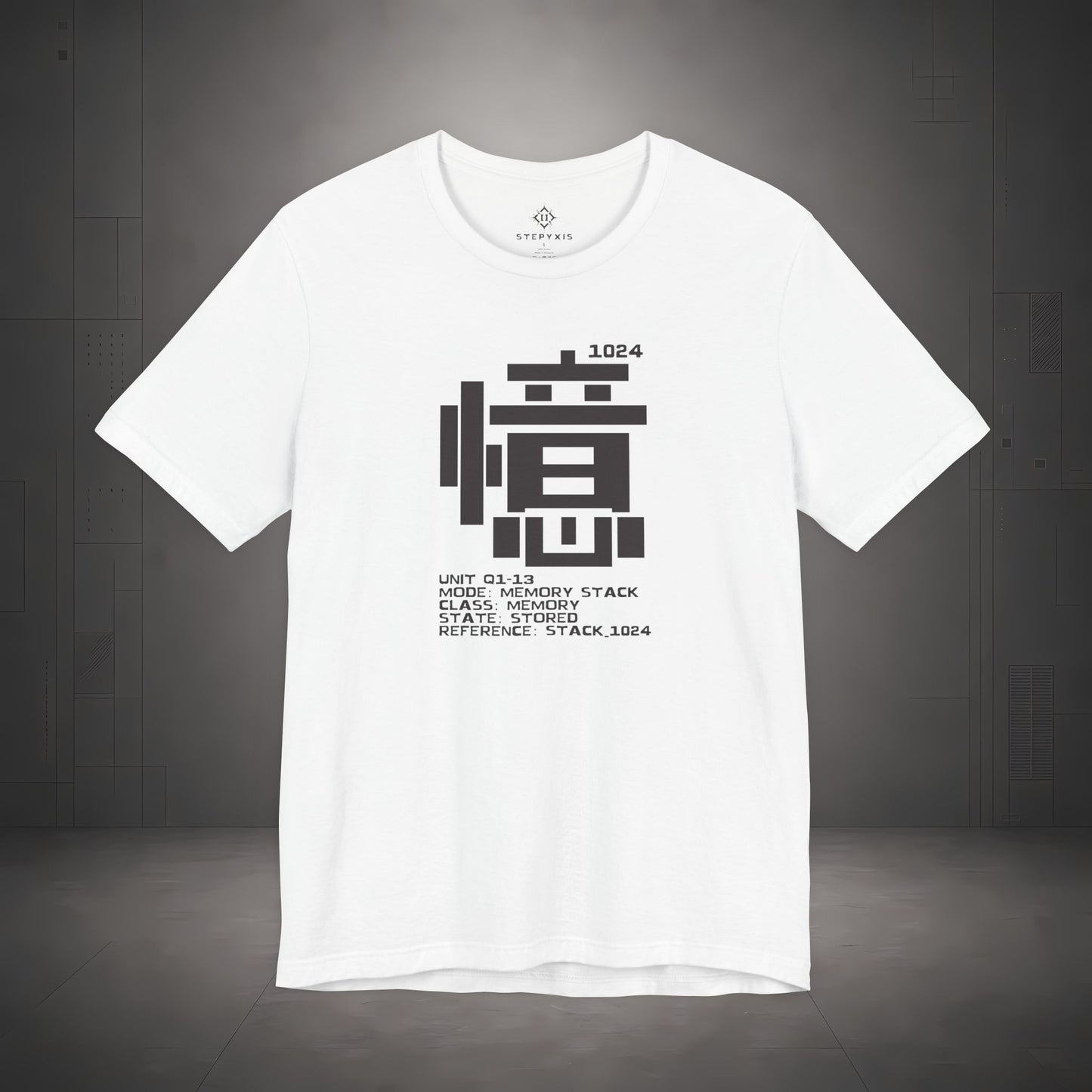 STEPYXIS Q1-13 MEMORY STACK tee — front graphic, Chinese character 憶 and anchor 1024 print