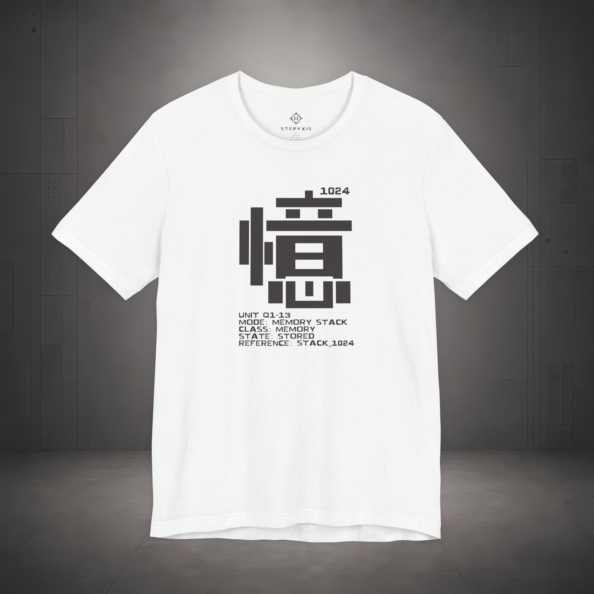 STEPYXIS Q1-13 MEMORY STACK tee — front graphic, Chinese character 憶 and anchor 1024 print