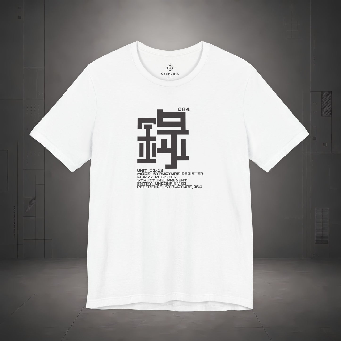 STEPYXIS Q1-18 STRUCTURE REGISTER tee — front graphic, Chinese character 錄 and anchor 064 print