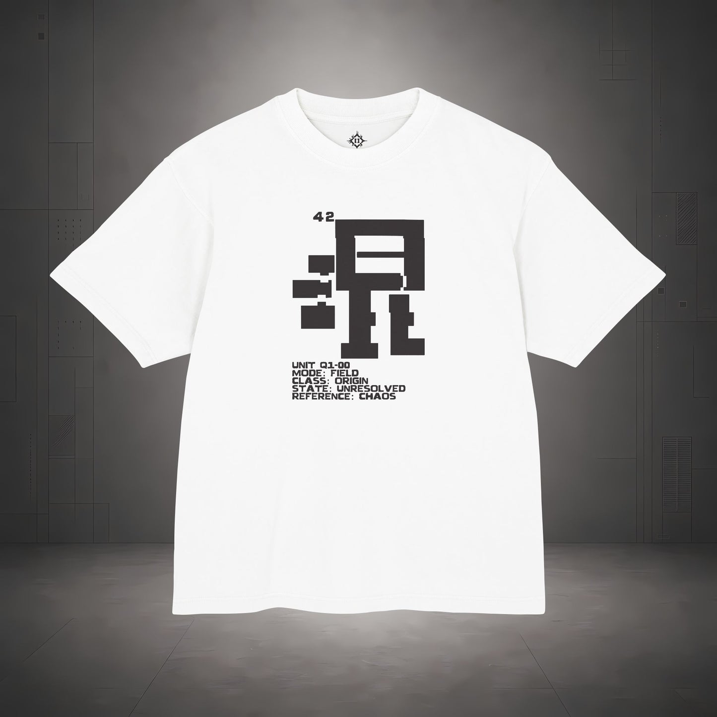 STEPYXIS Q1-00 CHAOS FIELD tee — front graphic, Chinese character 混 and anchor 42 print