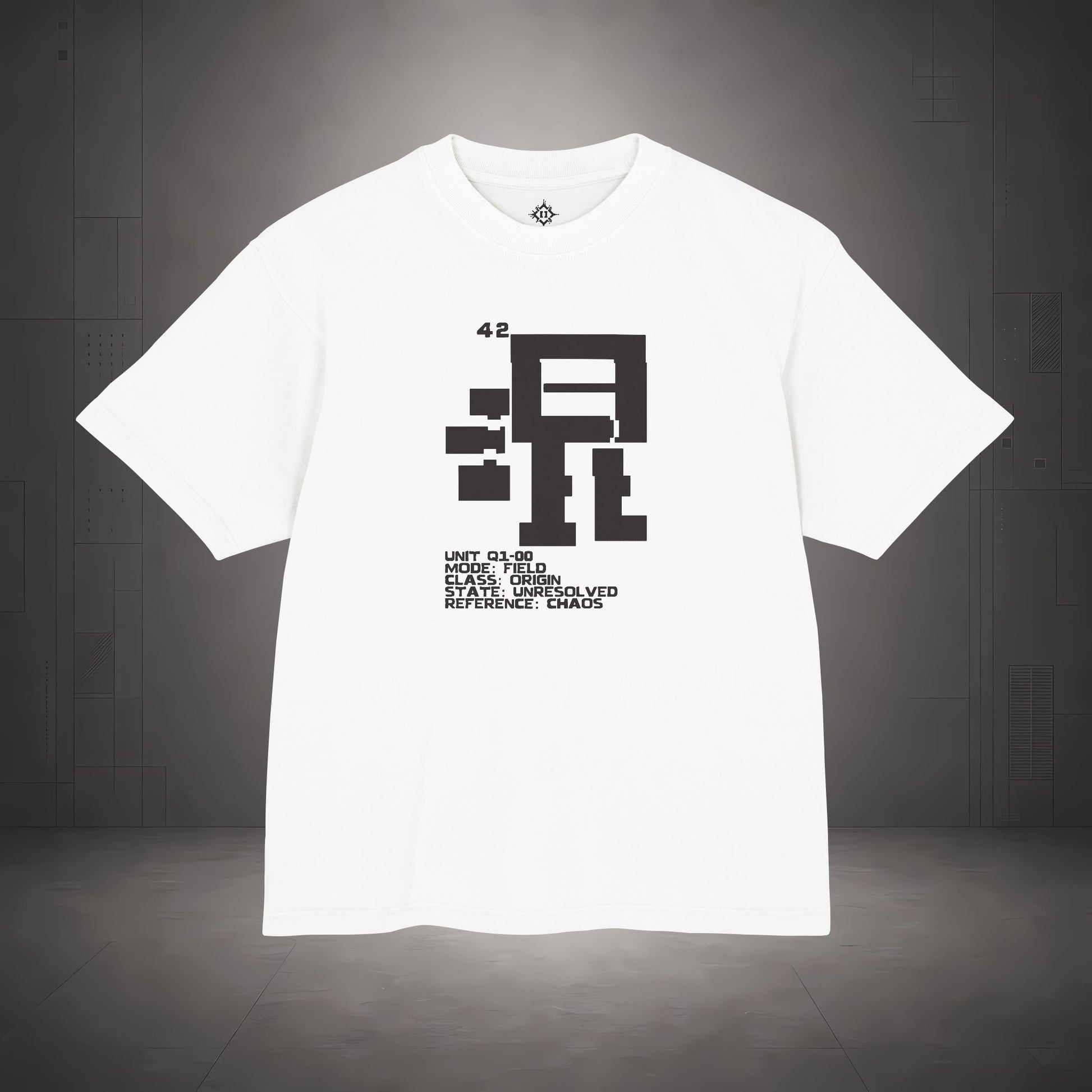 STEPYXIS Q1-00 CHAOS FIELD tee — front graphic, Chinese character 混 and anchor 42 print