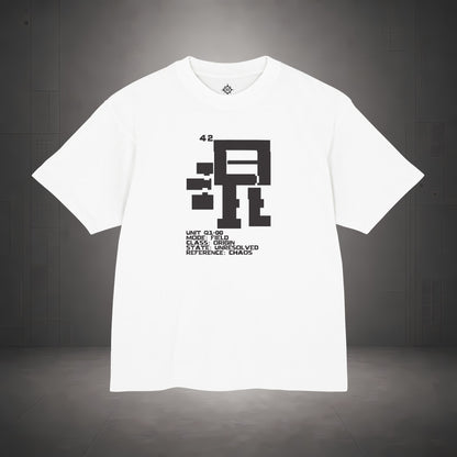 STEPYXIS Q1-00 CHAOS FIELD tee — front graphic, Chinese character 混 and anchor 42 print