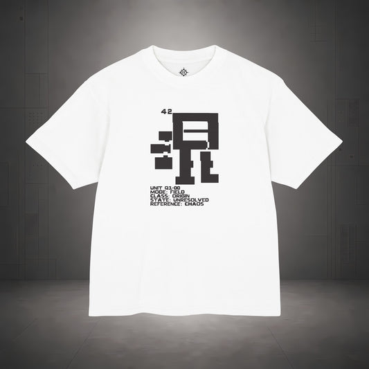 STEPYXIS Q1-00 CHAOS FIELD tee — front graphic, Chinese character 混 and anchor 42 print
