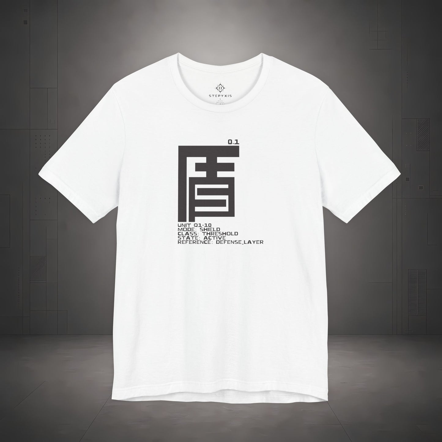 STEPYXIS Q1-10 SHIELD tee — front graphic, Chinese character 盾 and anchor 0.1 print