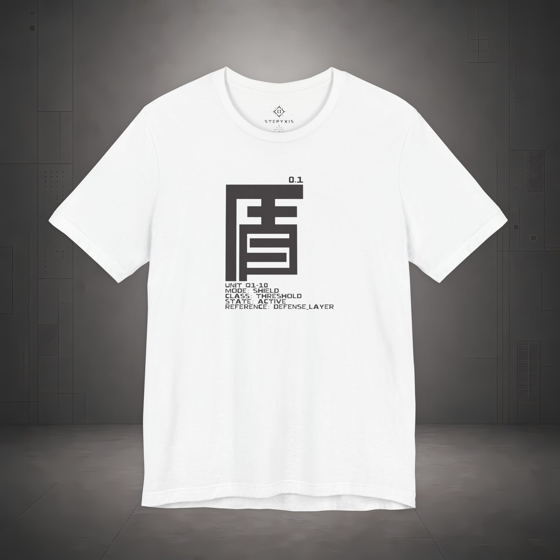 STEPYXIS Q1-10 SHIELD tee — front graphic, Chinese character 盾 and anchor 0.1 print