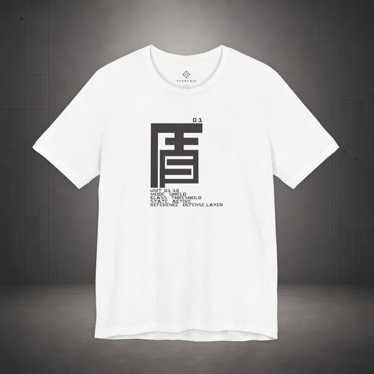 STEPYXIS Q1-10 SHIELD tee — front graphic, Chinese character 盾 and anchor 0.1 print
