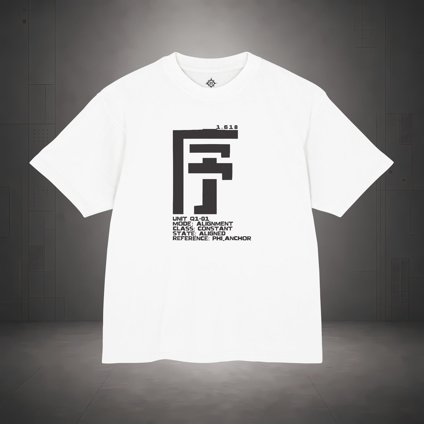 STEPYXIS Q1-01 ALIGNMENT tee — front graphic, Chinese character 序 and anchor 1.618 print