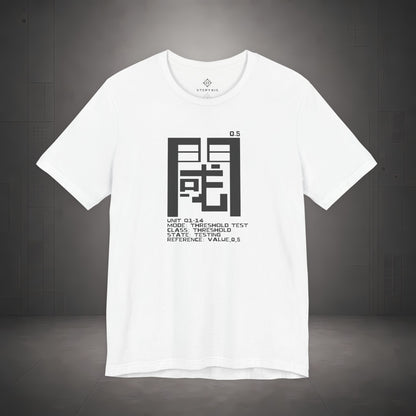 STEPYXIS Q1-14 THRESHOLD TEST tee — front graphic, Chinese character 閾 and anchor 0.5 print