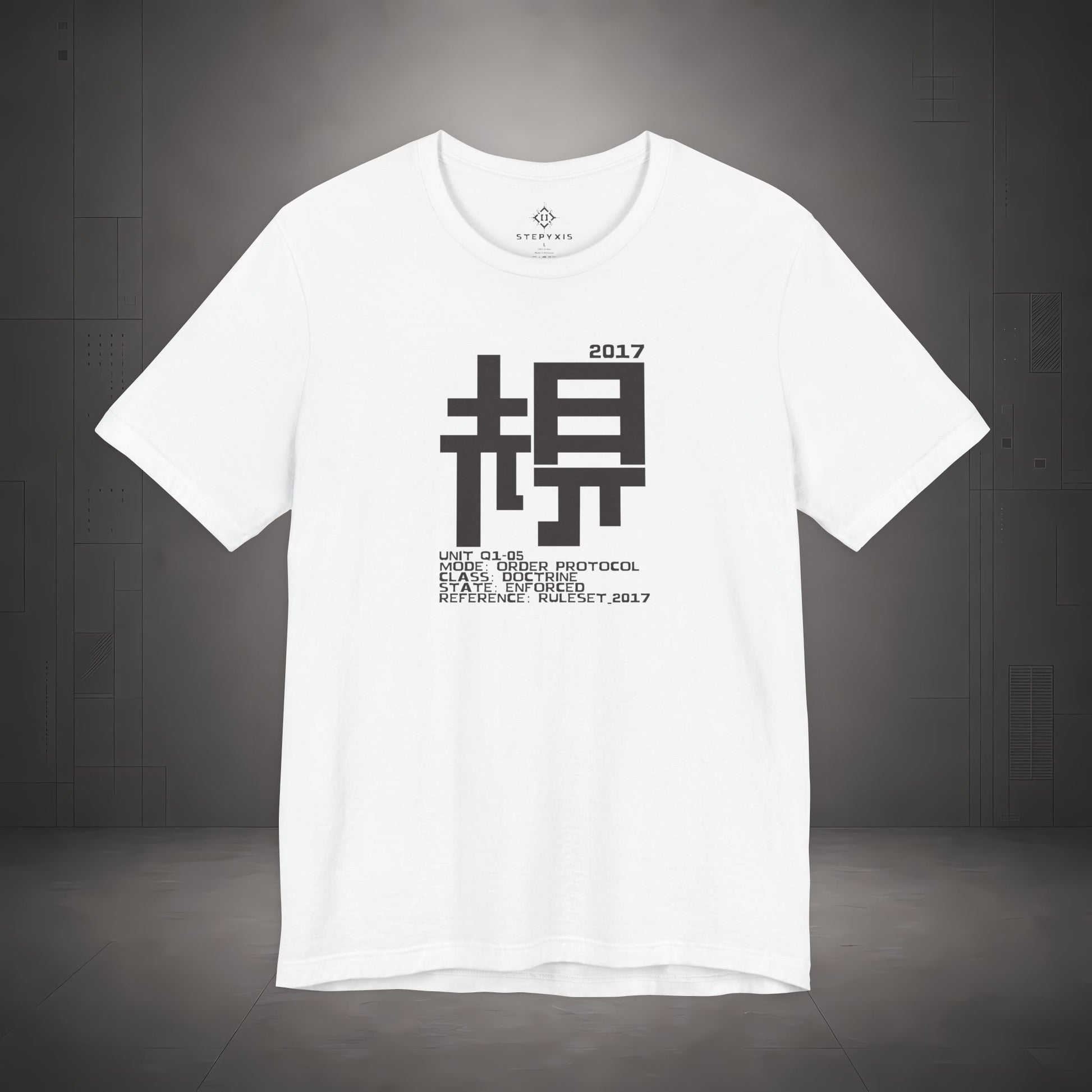 STEPYXIS Q1-05 ORDER PROTOCOL tee — front graphic, Chinese character 規 and anchor 2017 print