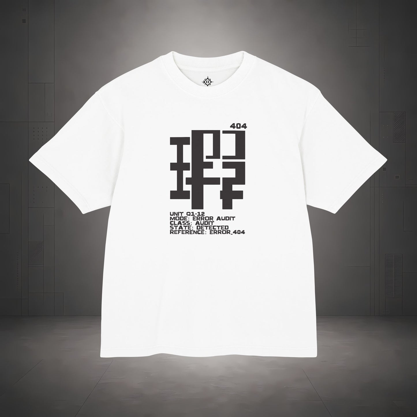 STEPYXIS Q1-12 ERROR AUDIT tee — front graphic, Chinese character 瑕 and anchor 404 print