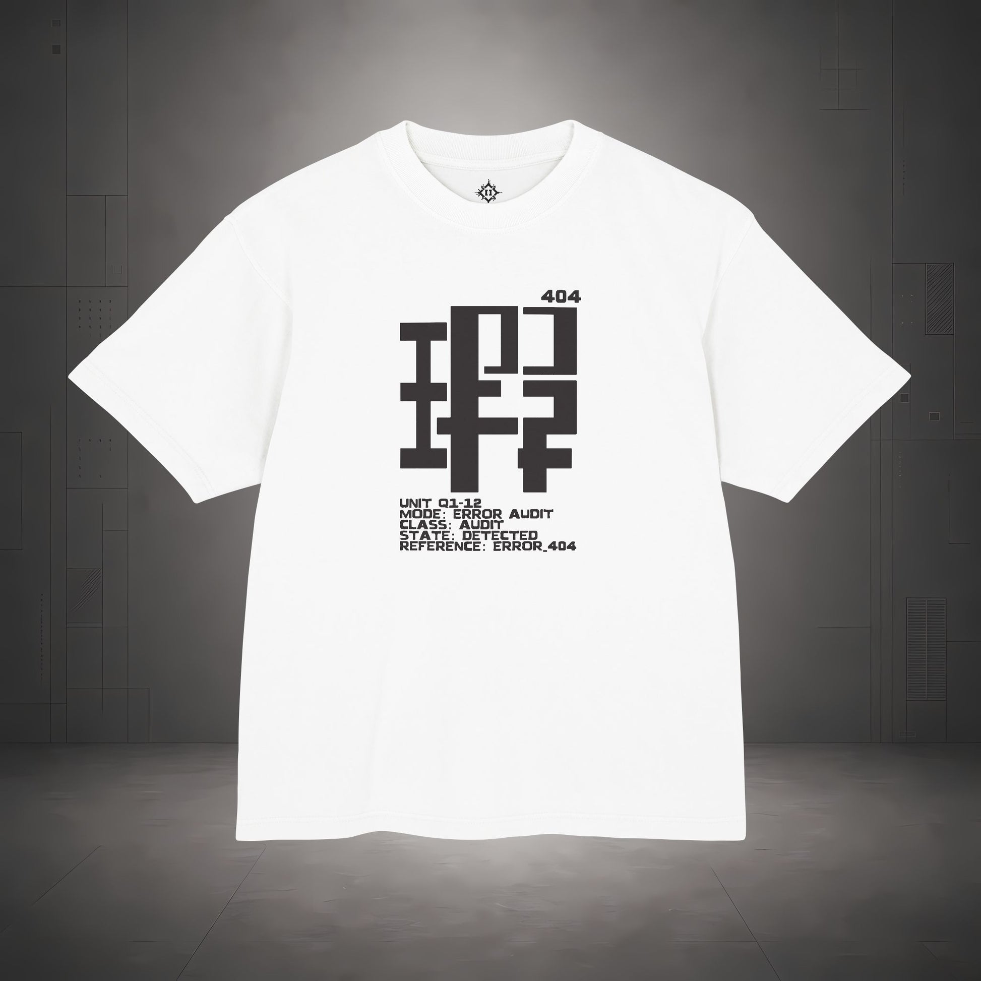 STEPYXIS Q1-12 ERROR AUDIT tee — front graphic, Chinese character 瑕 and anchor 404 print