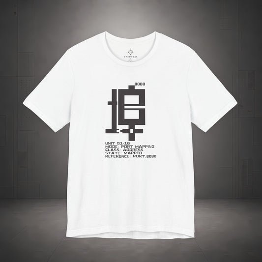 STEPYXIS Q1-16 PORT MAPPING tee — front graphic, Chinese character 埠 and anchor 8080 print