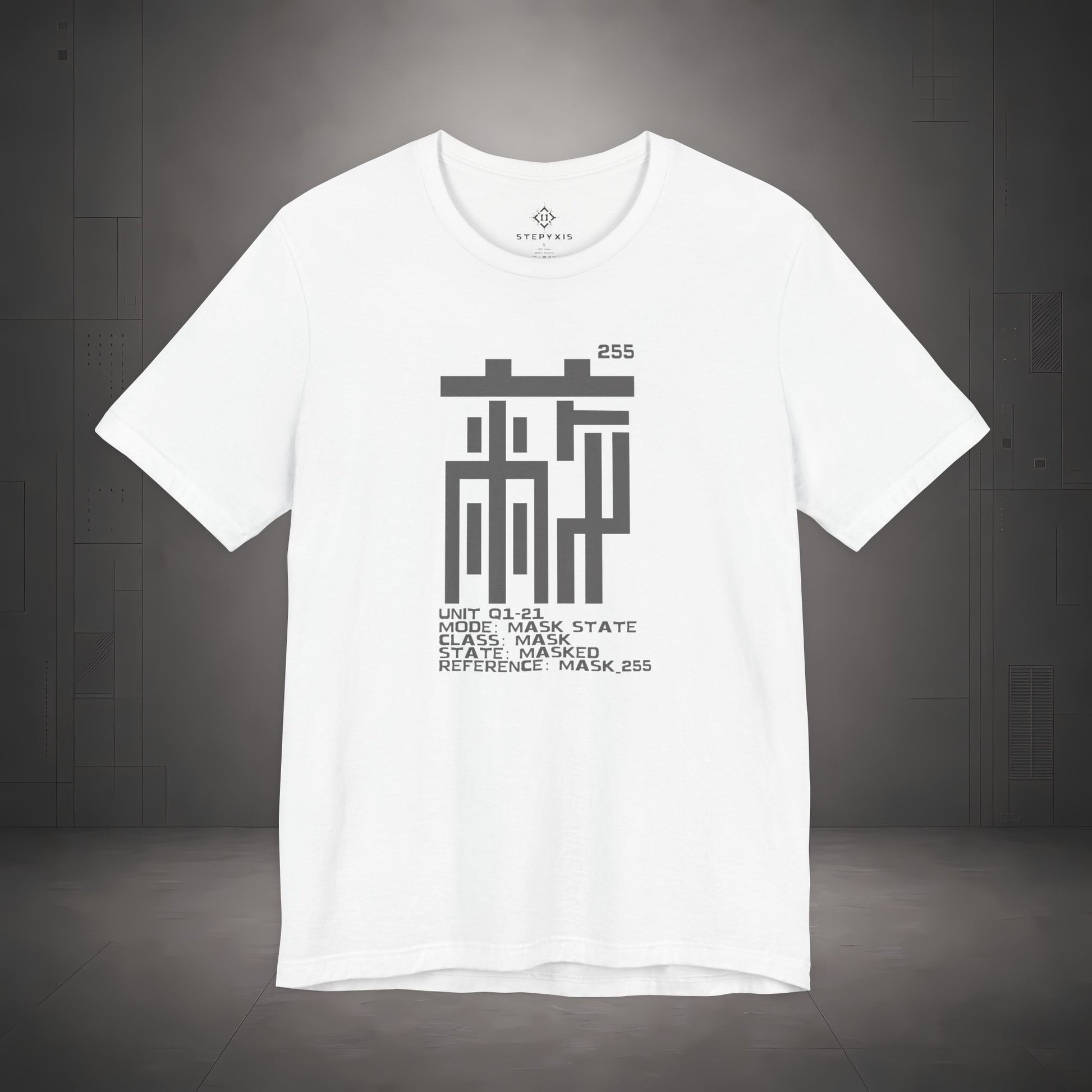 STEPYXIS Q1-21 MASK STATE tee — front graphic, Chinese character 蔽 and anchor 255 print