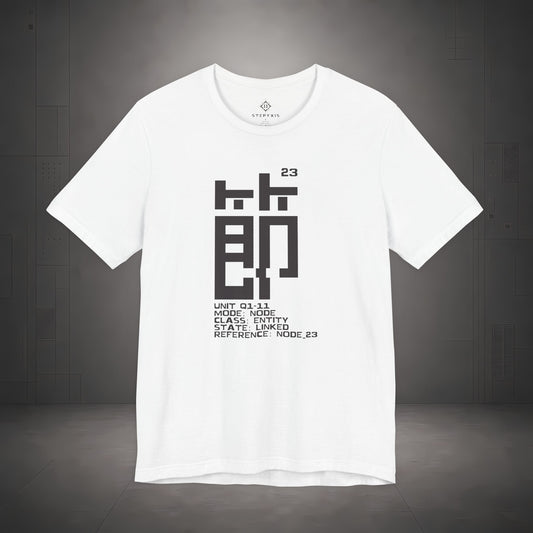 STEPYXIS Q1-11 NODE tee — front graphic, Chinese character 節 and anchor 23 print