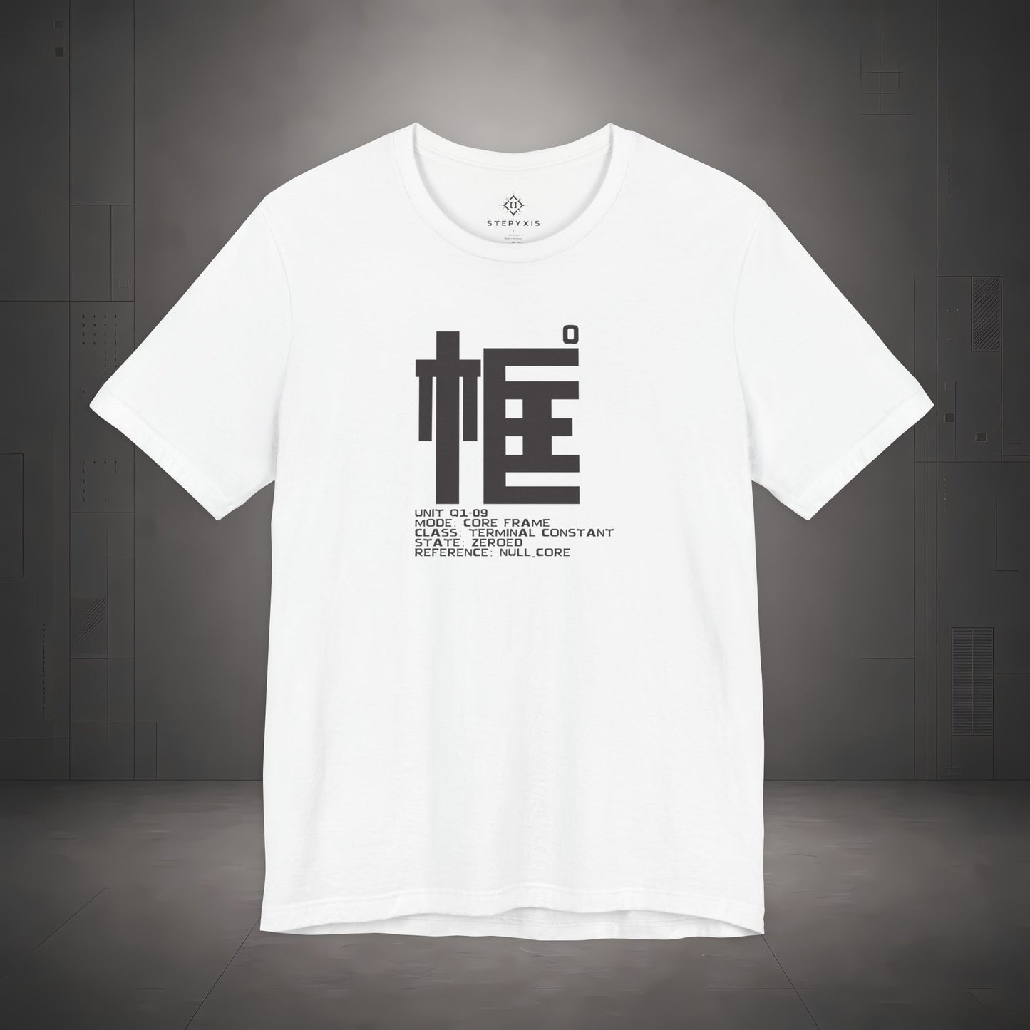 STEPYXIS Q1-09 CORE FRAME tee — front graphic, Chinese character 框 and anchor 0 print
