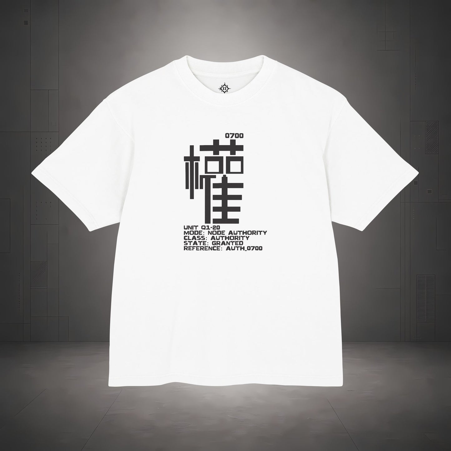 STEPYXIS Q1-20 NODE AUTHORITY tee — front graphic, Chinese character 權 and anchor 0700 print