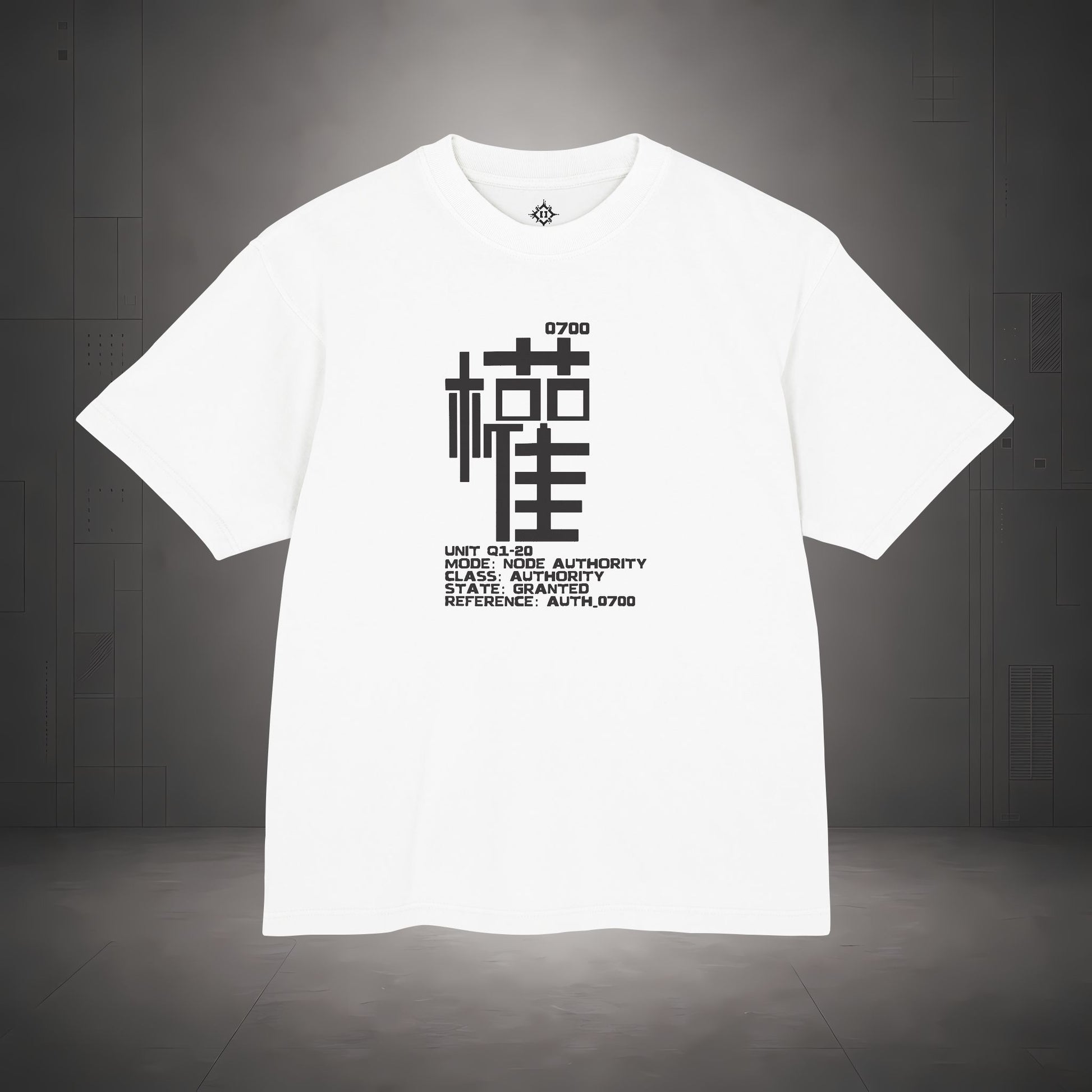 STEPYXIS Q1-20 NODE AUTHORITY tee — front graphic, Chinese character 權 and anchor 0700 print