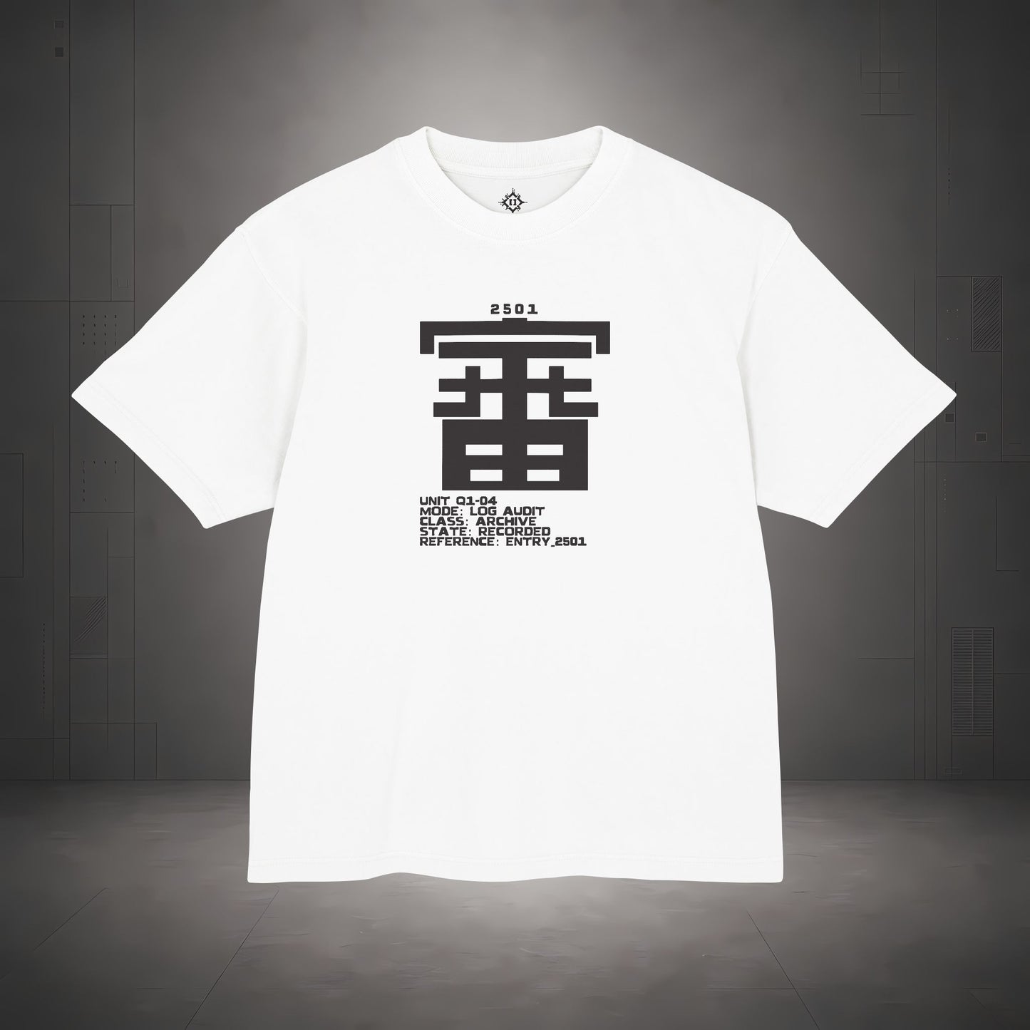 STEPYXIS Q1-04 LOG AUDIT tee — front graphic, Chinese character 審 and anchor 2501 print