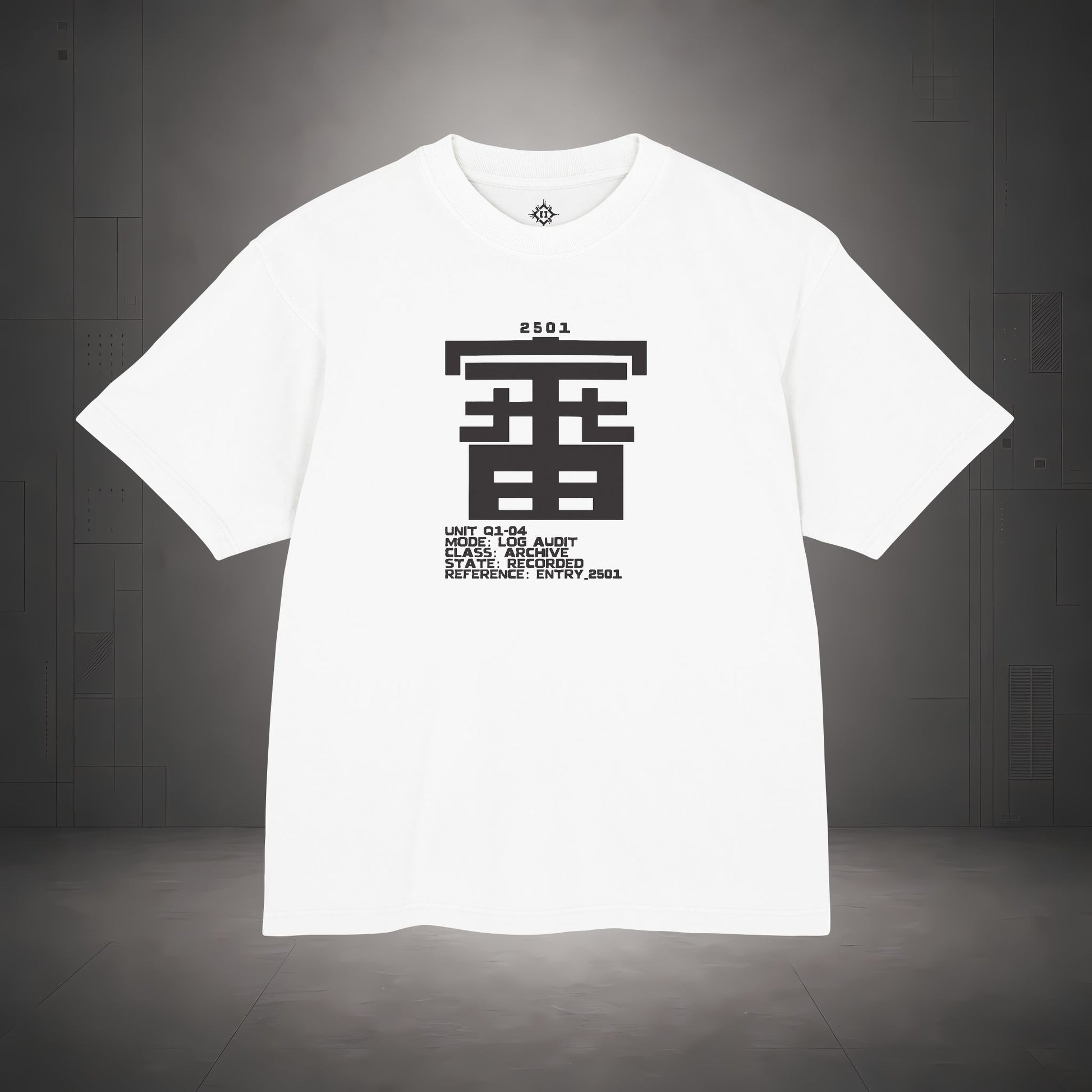 STEPYXIS Q1-04 LOG AUDIT tee — front graphic, Chinese character 審 and anchor 2501 print