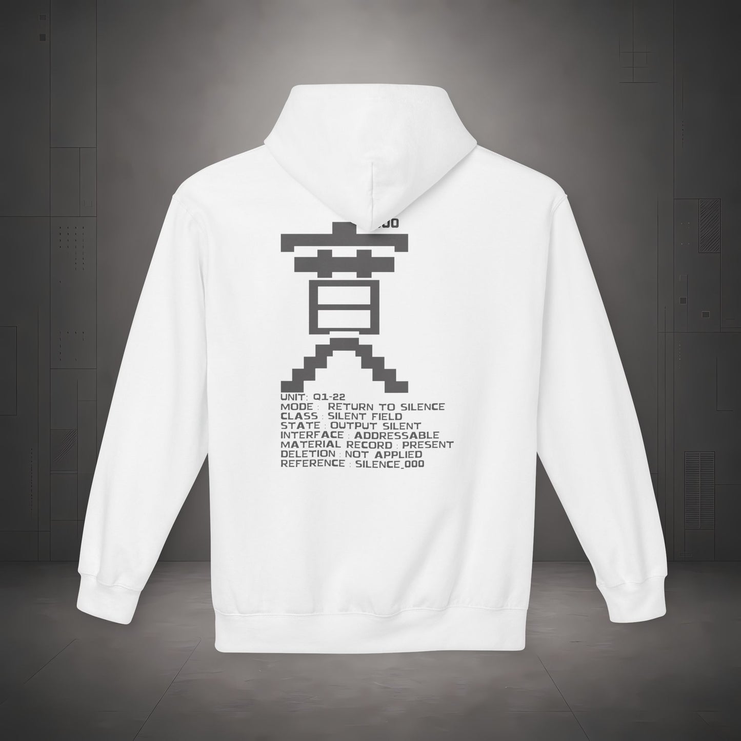 STEPYXIS Q1-22 RETURN TO SILENCE hoodie — back graphic, Chinese character 寞 and anchor 000 print