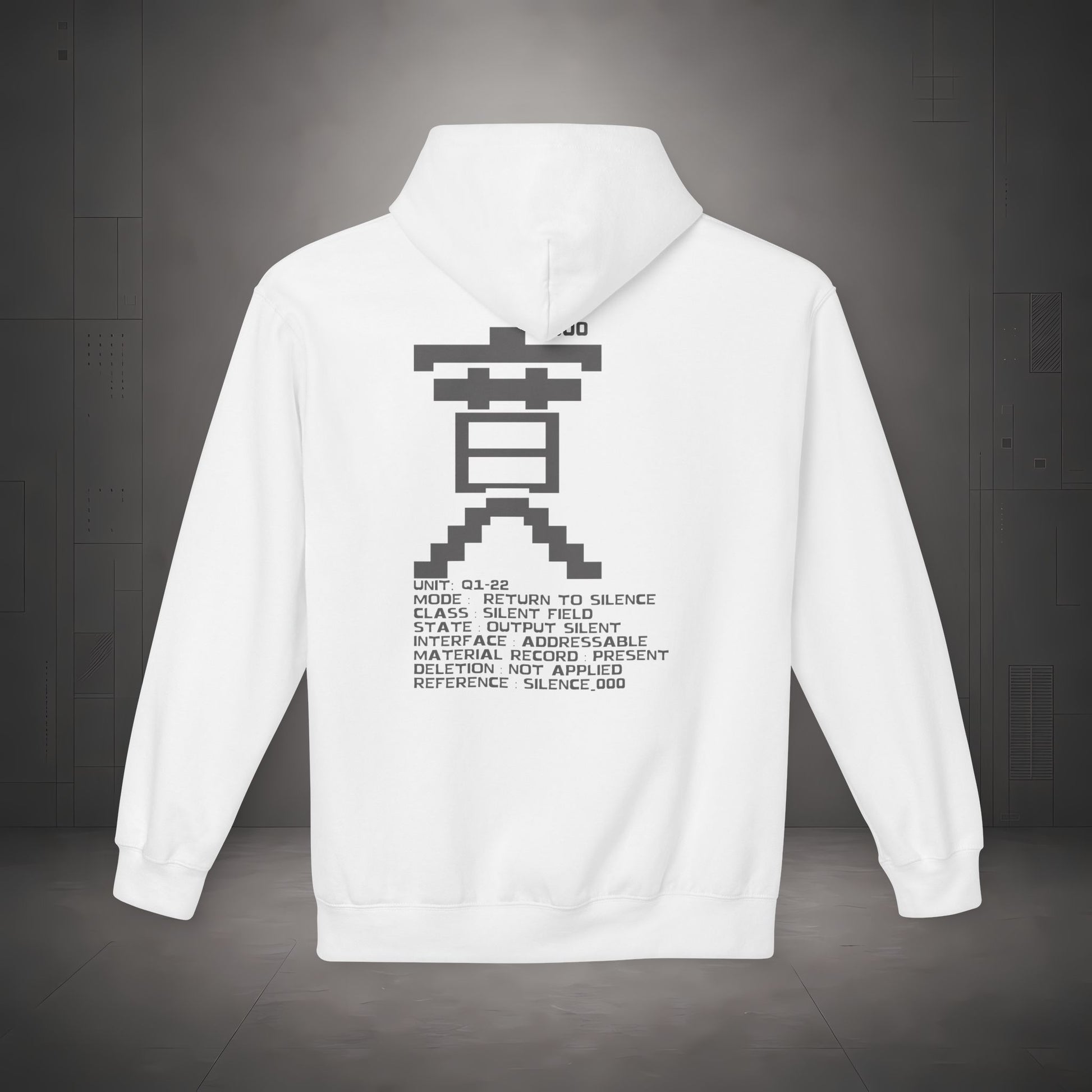 STEPYXIS Q1-22 RETURN TO SILENCE hoodie — back graphic, Chinese character 寞 and anchor 000 print