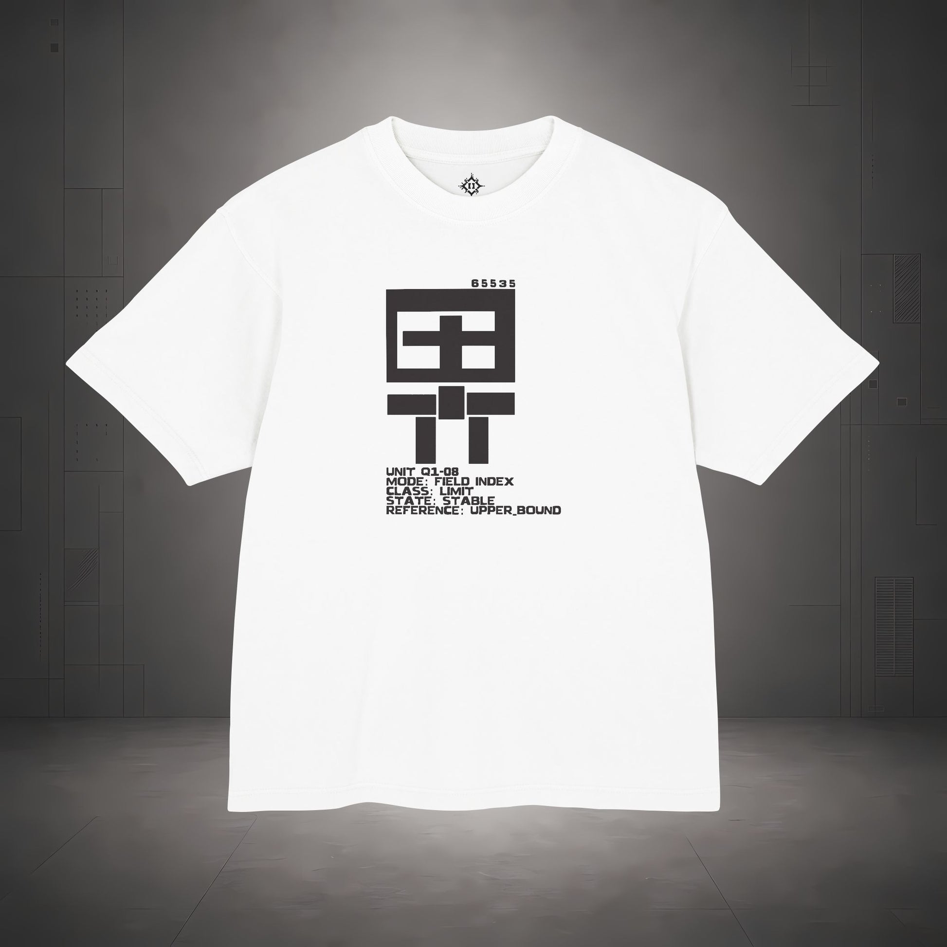 STEPYXIS Q1-08 FIELD INDEX tee — front graphic, Chinese character 界 and anchor 65535 print
