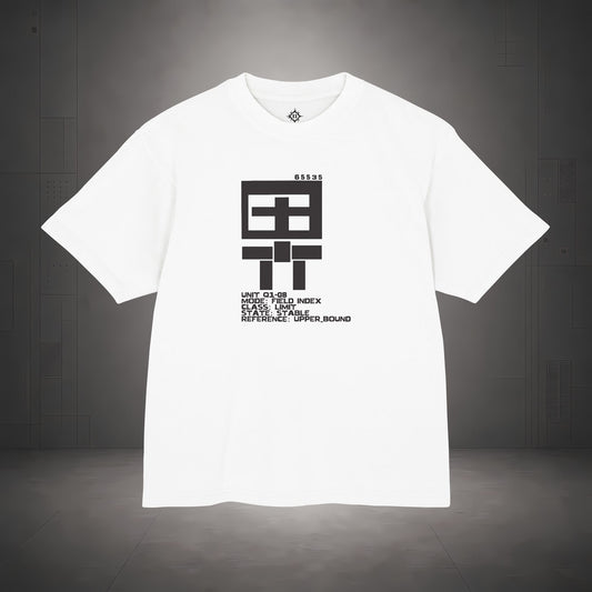 STEPYXIS Q1-08 FIELD INDEX tee — front graphic, Chinese character 界 and anchor 65535 print