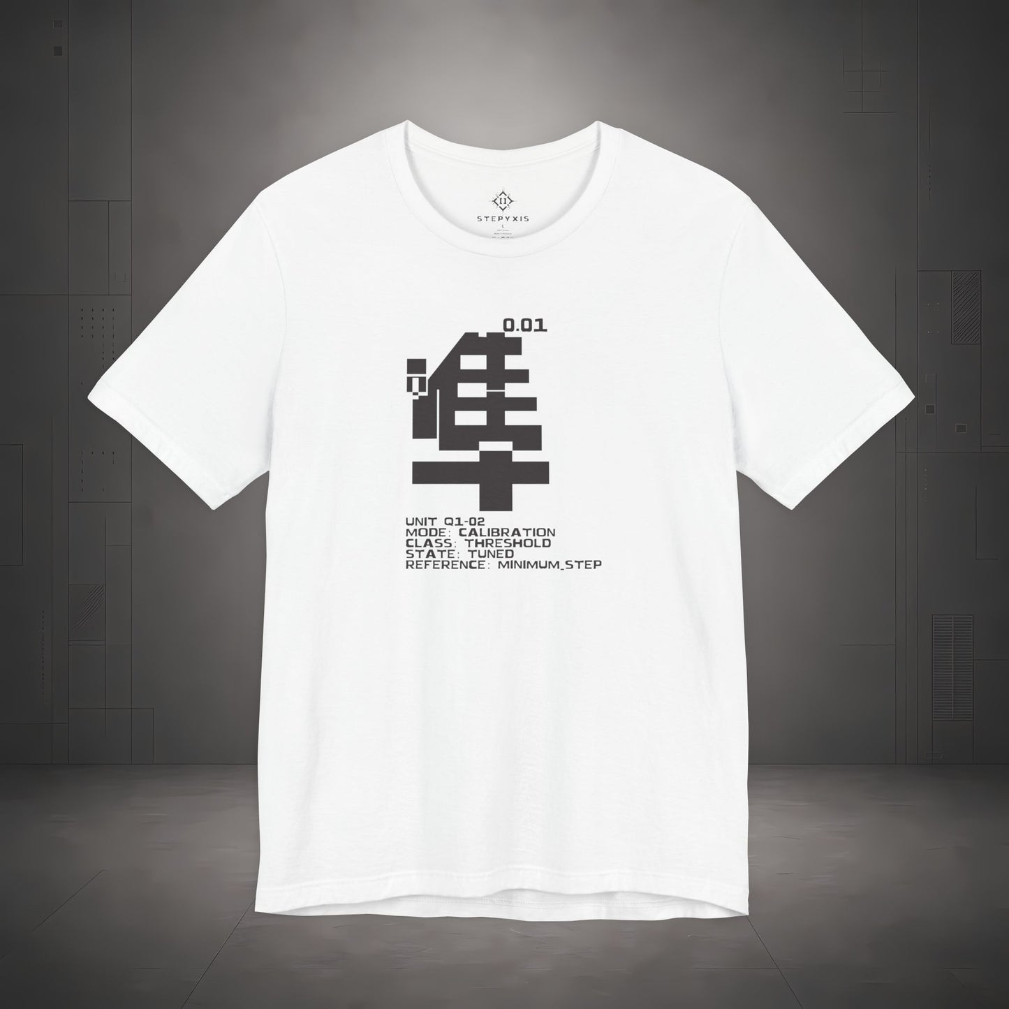 STEPYXIS Q1-02 CALIBRATION tee — front graphic, Chinese character 準 and anchor 0.01 print
