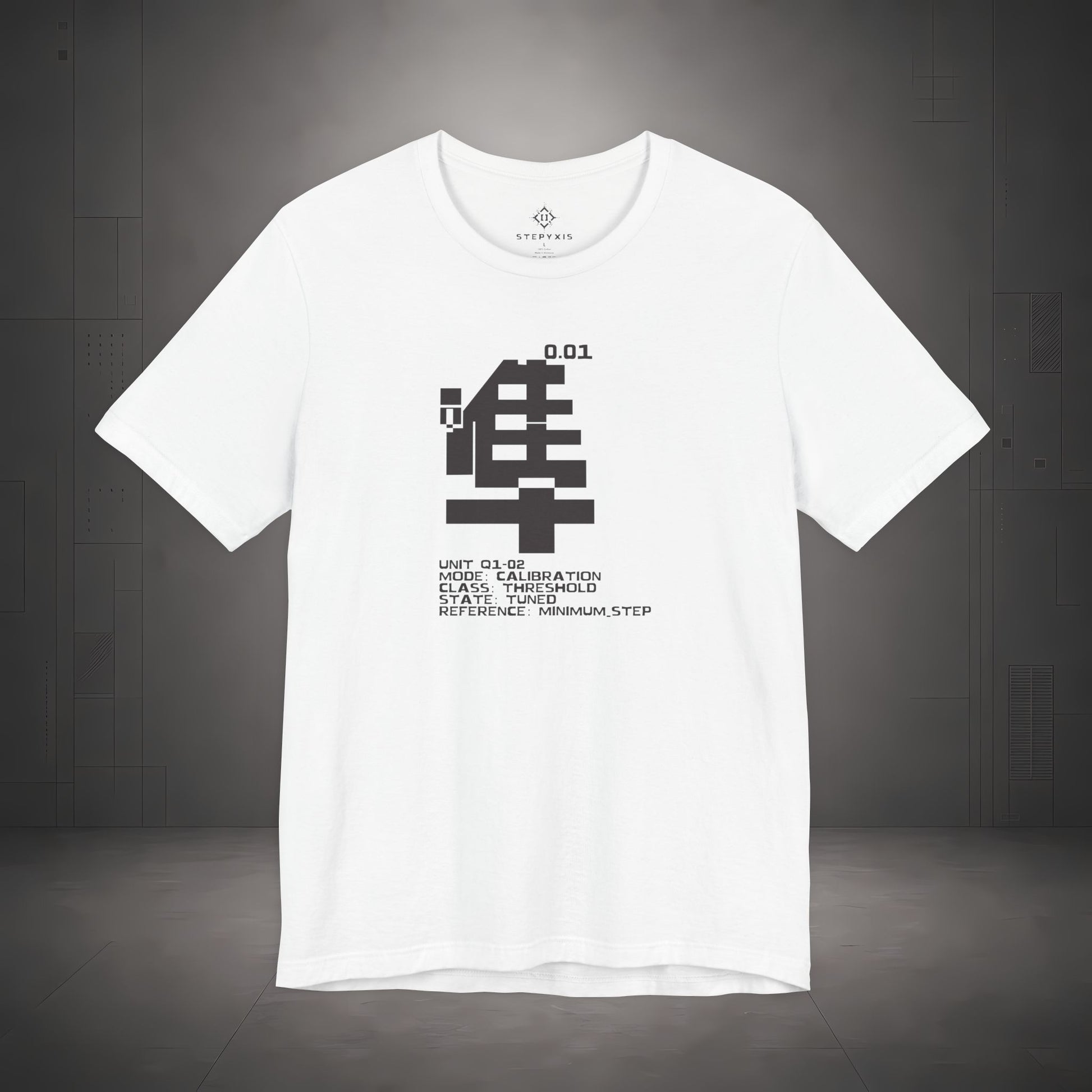 STEPYXIS Q1-02 CALIBRATION tee — front graphic, Chinese character 準 and anchor 0.01 print