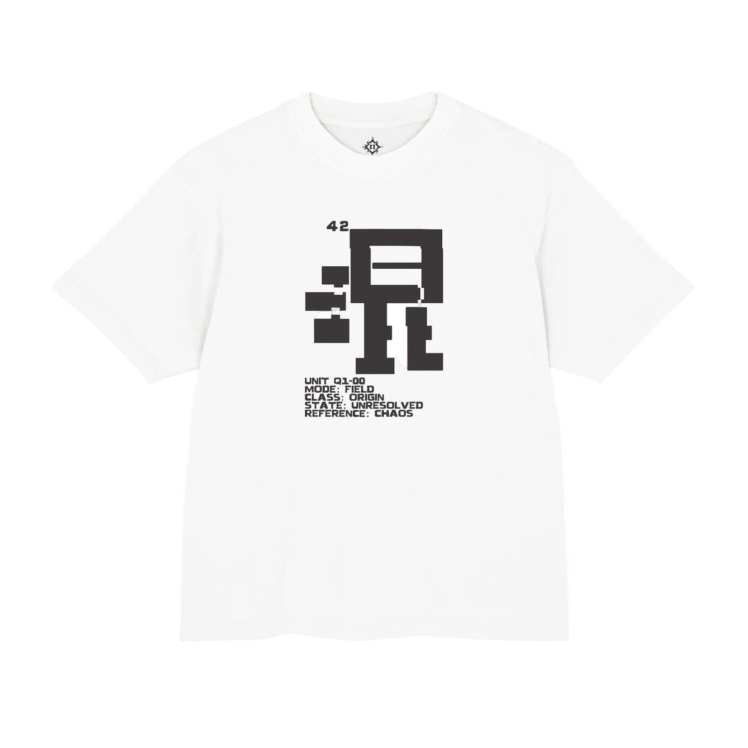 STEPYXIS Q1-00 Chaos Field Garment-Dyed Heavy Tee in White, front view with 42 and 混 protocol graphic
