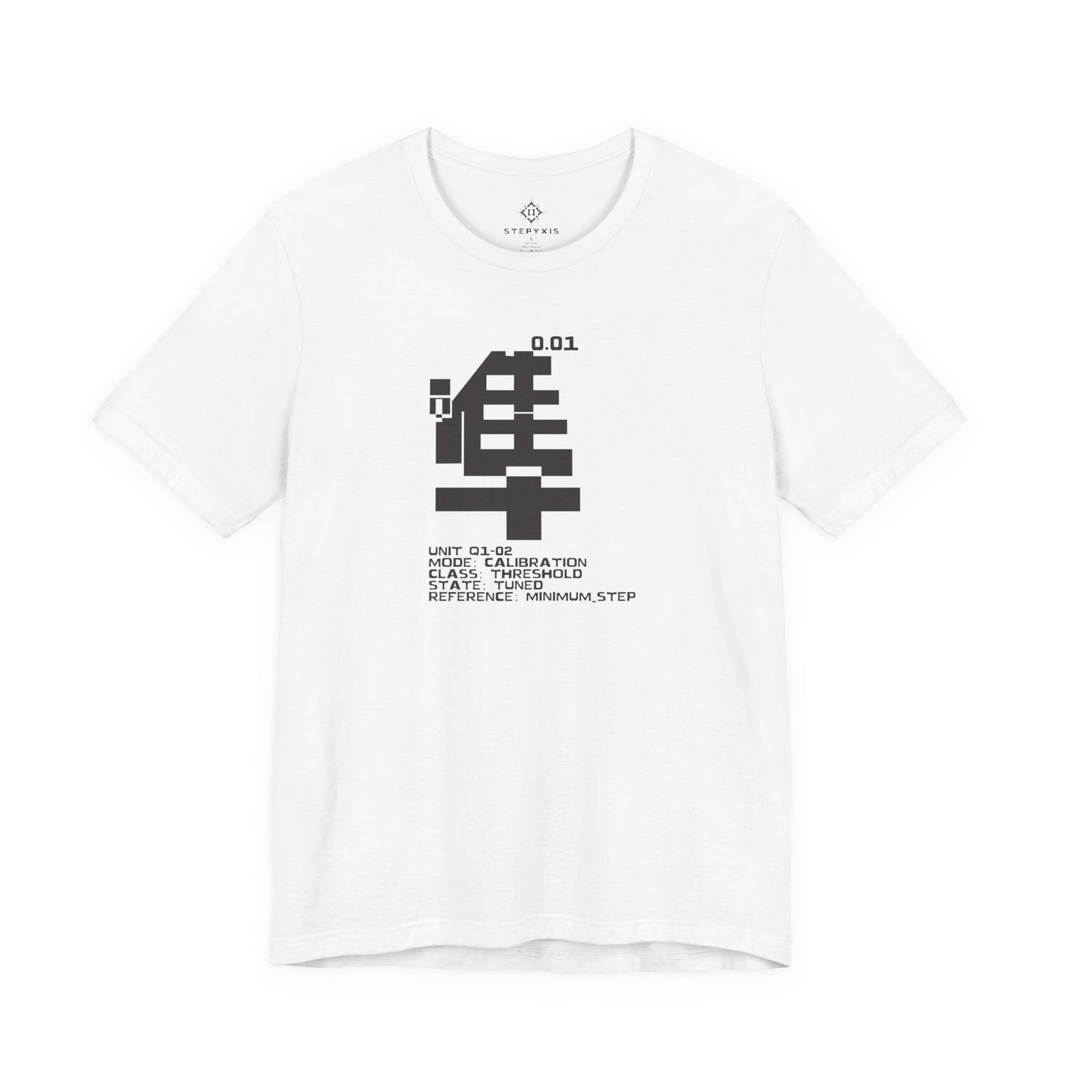 STEPYXIS Q1-02 Calibration Graphic Tee in White, front view with 0.01 and 準 protocol graphic